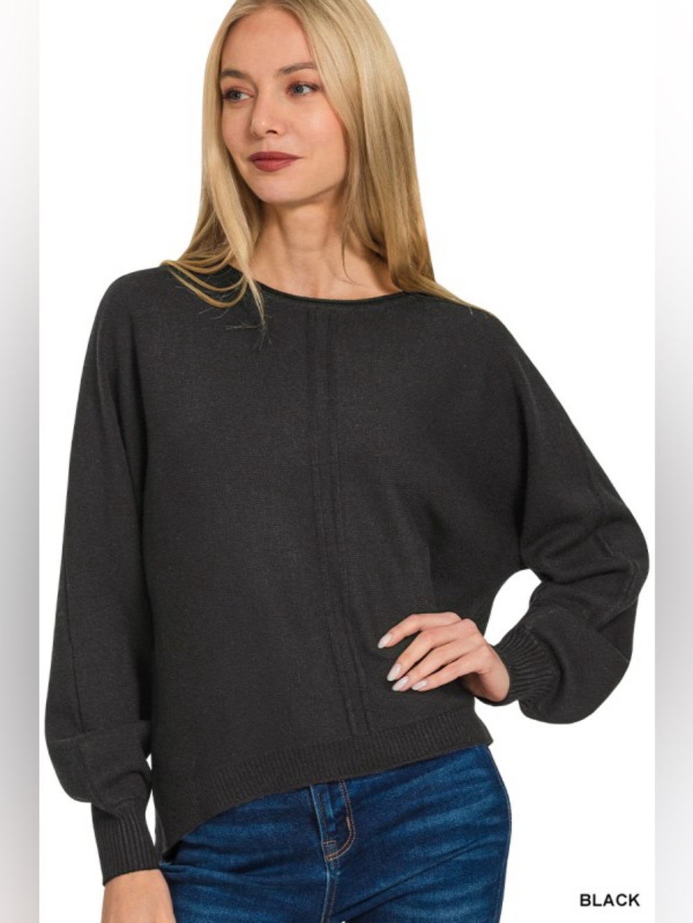Black Viscose Front Seam Round Neck Sweater | Soft Lightweight Knit - Picture 2 of 3
